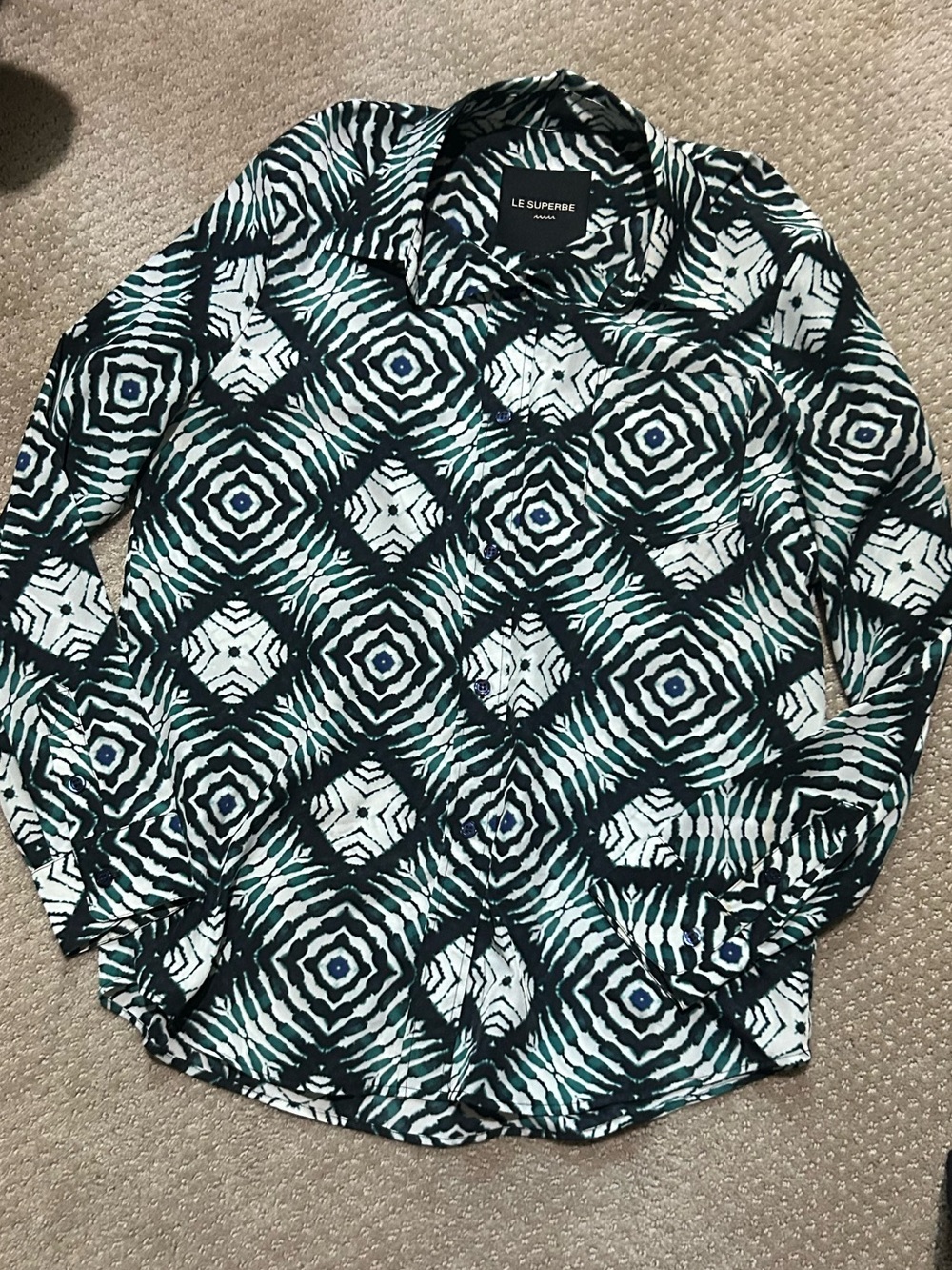 Le Superbe Geometric Print Button-Front Blouse Size 2 - Green/Black/White